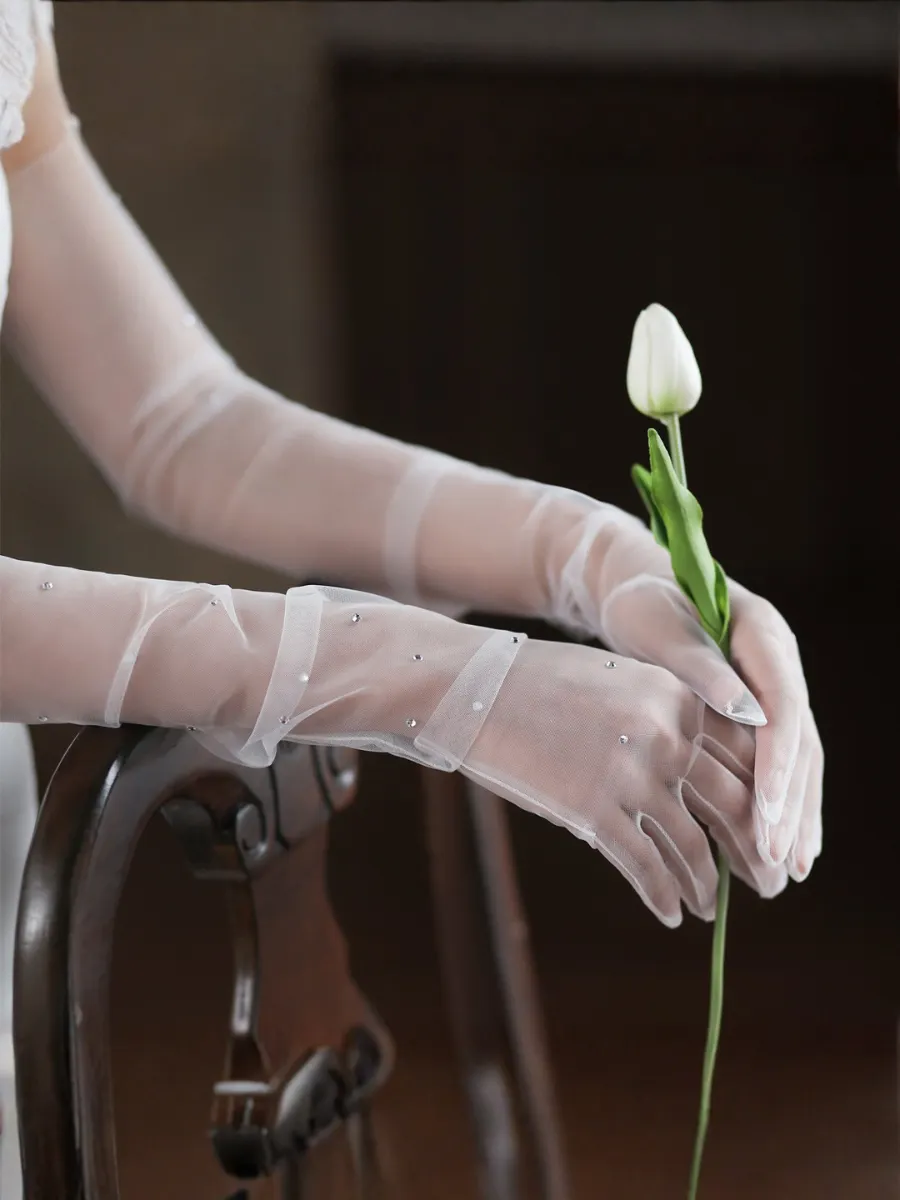 Elegant Sparkling Rhinestone Gloves For Brides Super Fairy-like White Wedding Evening Mesh Long Gloves