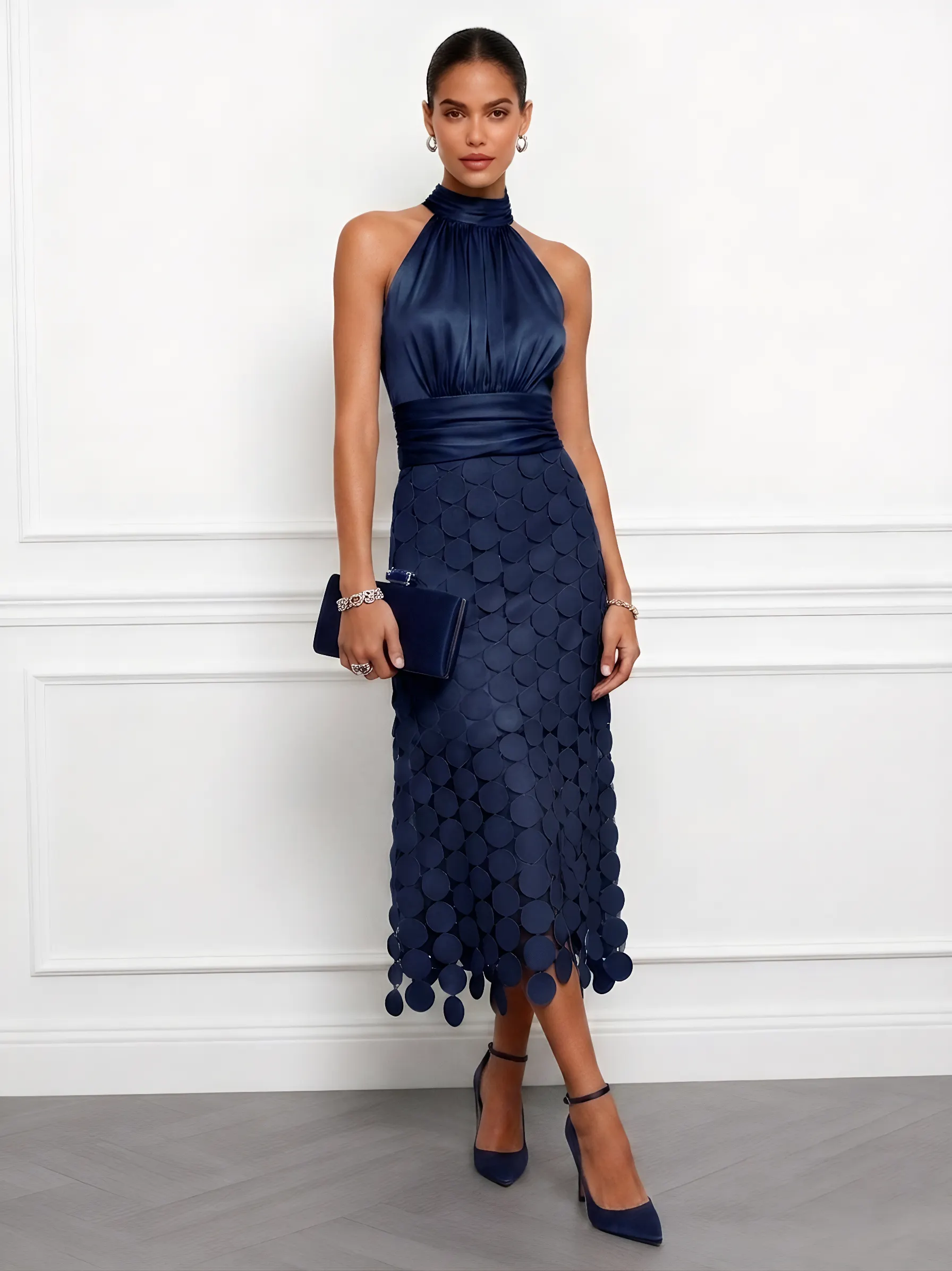 Purplish Blue Satin Halter Neck Ruched Sleeveless Midi A-Line Dresses