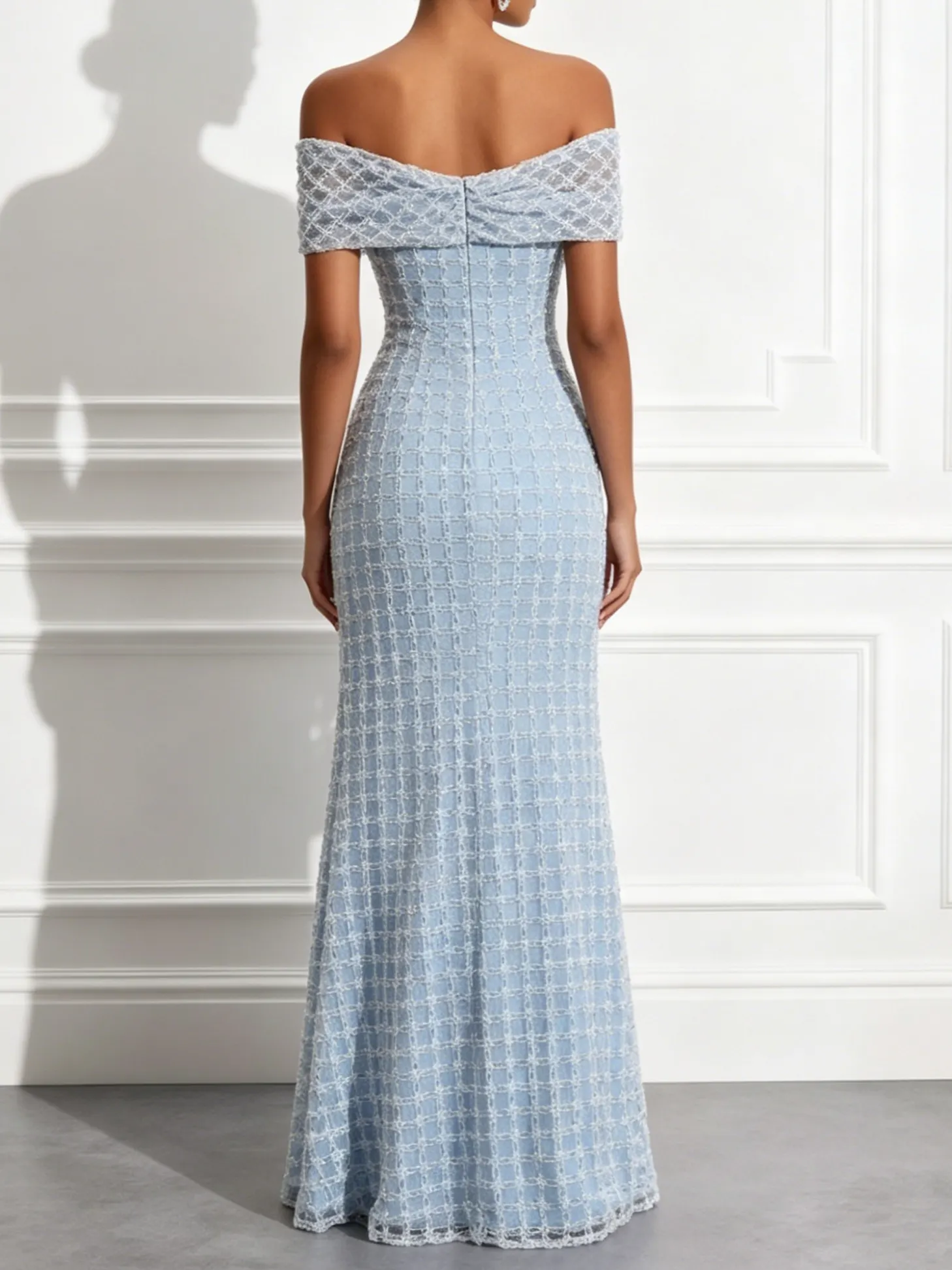 Light Blue Beaded Sequin Off The Shoulder Short Sleeve Mermaid Floor-length Gown Dress - Light Blue