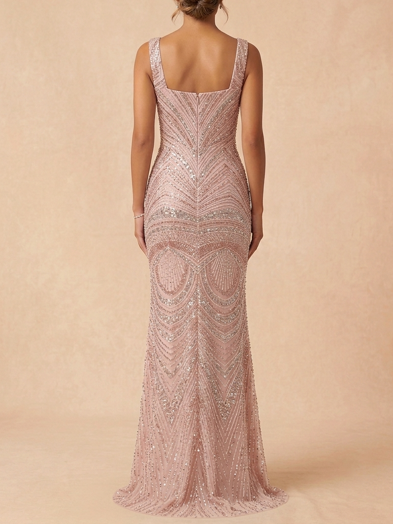 Sequin Mother of the Bride Dress - Rose Gold Geometric Beaded Maxi Gown - Light Pink