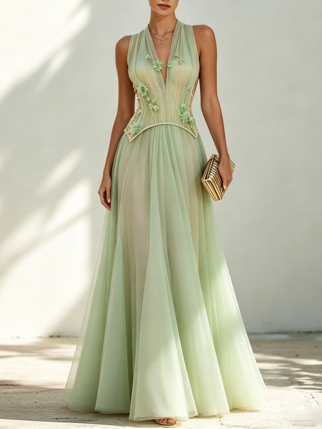 Green Chiffon V Neck Sleeveless A-Line Corset Floor-length Gown Dress