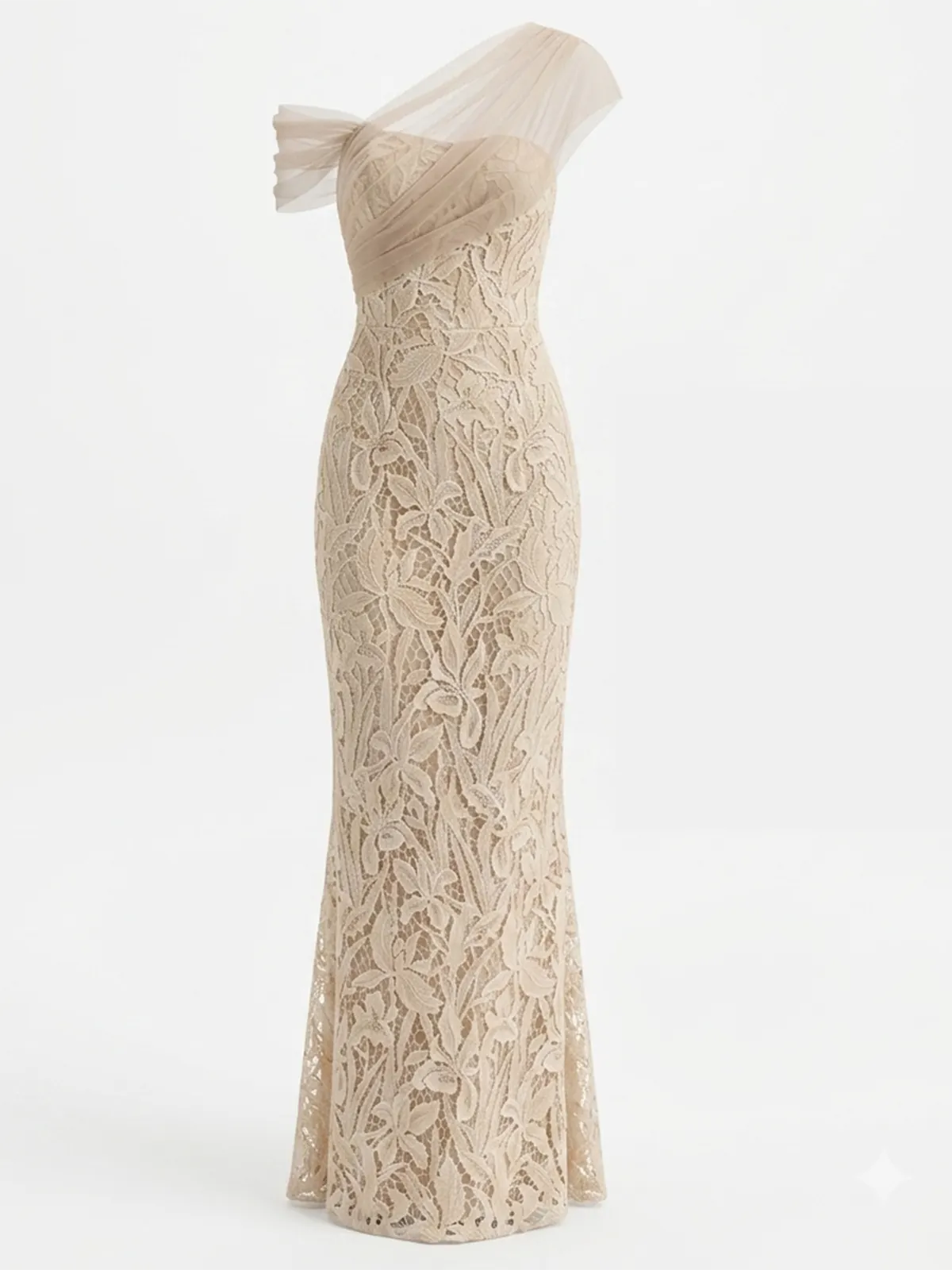 Beige Mesh Lace Asymmetrical Short Sleeve Mermaid Floor Length Dress