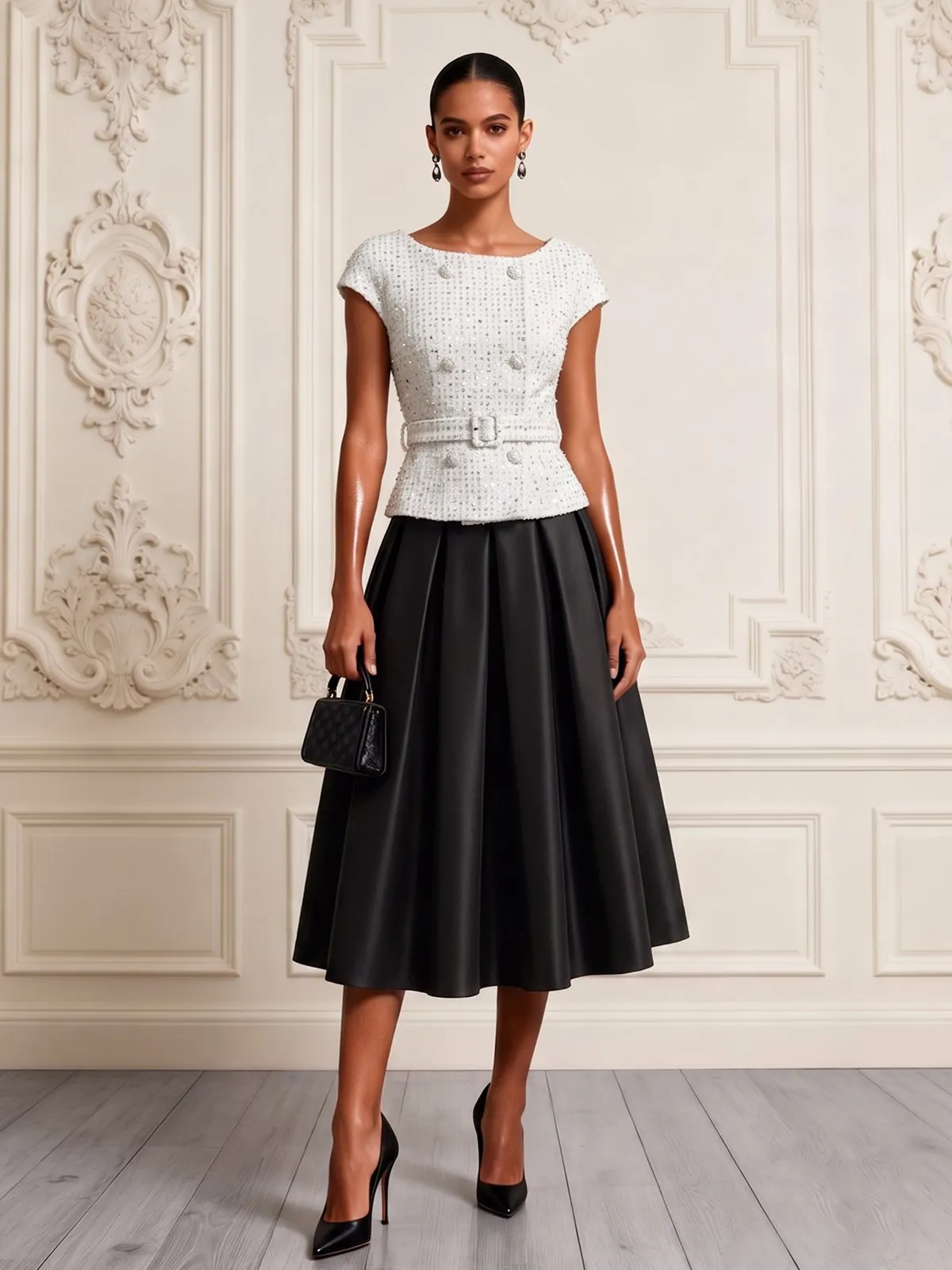 Women Black-white Glitter Tweed Crew Neck Long Sleeve Elegant Coat With Skirt Two-Piece Set
