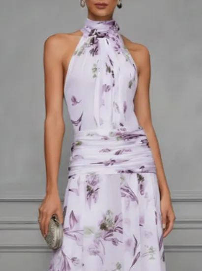 Light Purple Ruched Floral Chiffon Halter Neck Sleeveless A-Line Floor-length Gown Dress