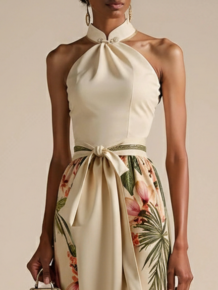 Beige Floral Bow Satin Halter Neck Sleeveless A-Line Gown Dress