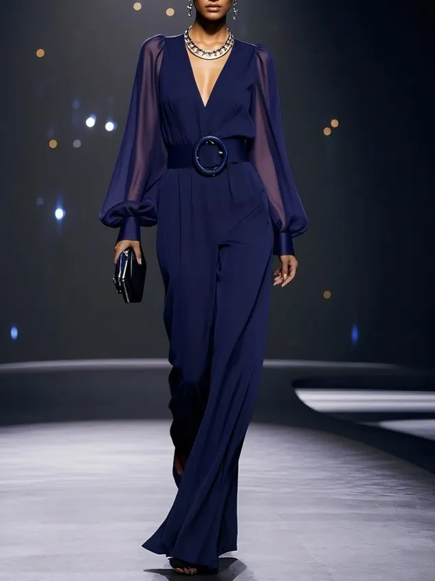 Dark Blue Mesh V Neck Balloon Sleeve Chiffon Wide-Leg Jumpsuit With Pockets