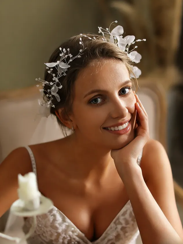 Romantic And Light Forest-style Beaded Floral Wreath For Brides Bridal Hair Comb Style Veil