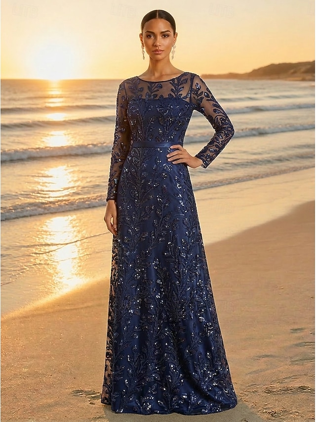 A-Line Dress Floor Length Party Dress Cocktail Dress Mother of the Bride Dress Long Sleeve Bateau Neck Elegant Vintage Luxurious Formal Wedding Guest Formal Evening Satin Tulle with Sequin Flower - Dark Navy
