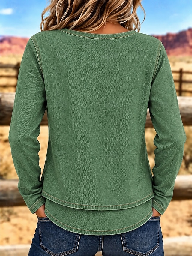 Women's Denim Blouse Denim Shirt T Shirt Fringe Vintage Daily Stylish Long Sleeve V Neck Regular Tops Casual Outdoor Streetwear Green Spring Fall Winter - Green