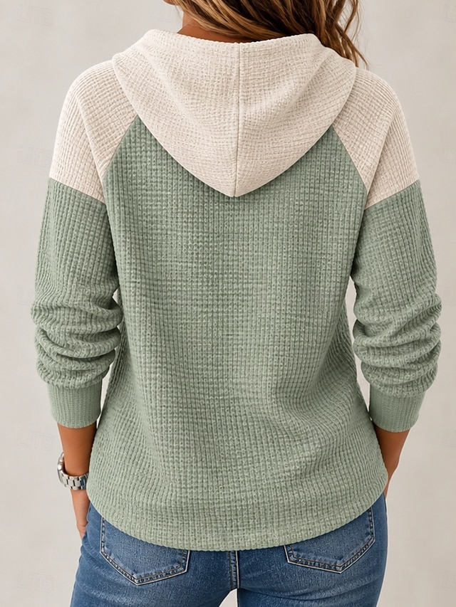 Women's Waffle Sweatshirts Textured Pullover Hoodie Sweatshirt Zip Up Sweatshirts Drawstring Zip Up Patchwork Plain Casual Long Sleeve V Neck Regular Tops Casual Blue Yellow Orange Green Spring Fall - Green