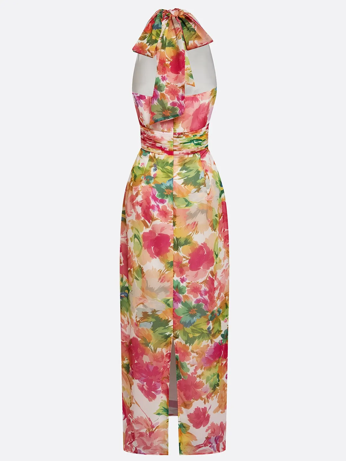 Rose Red Floral Bow Chiffon V Neck Sleeveless Sheath Floor-length Gown Dress
