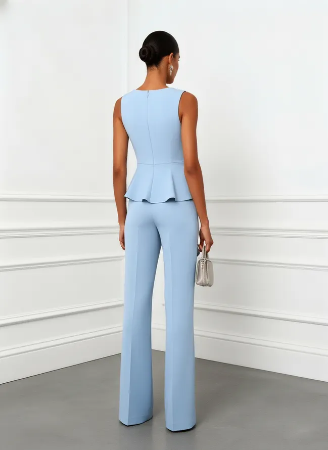 Women Light Blue Ruffled Asymmetrical Sleeveless Dressy Jumpsuit