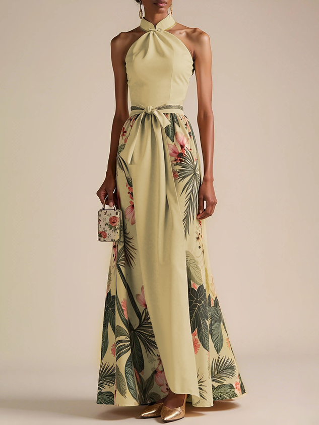 Beige Floral Bow Satin Halter Neck Sleeveless A-Line Gown Dress