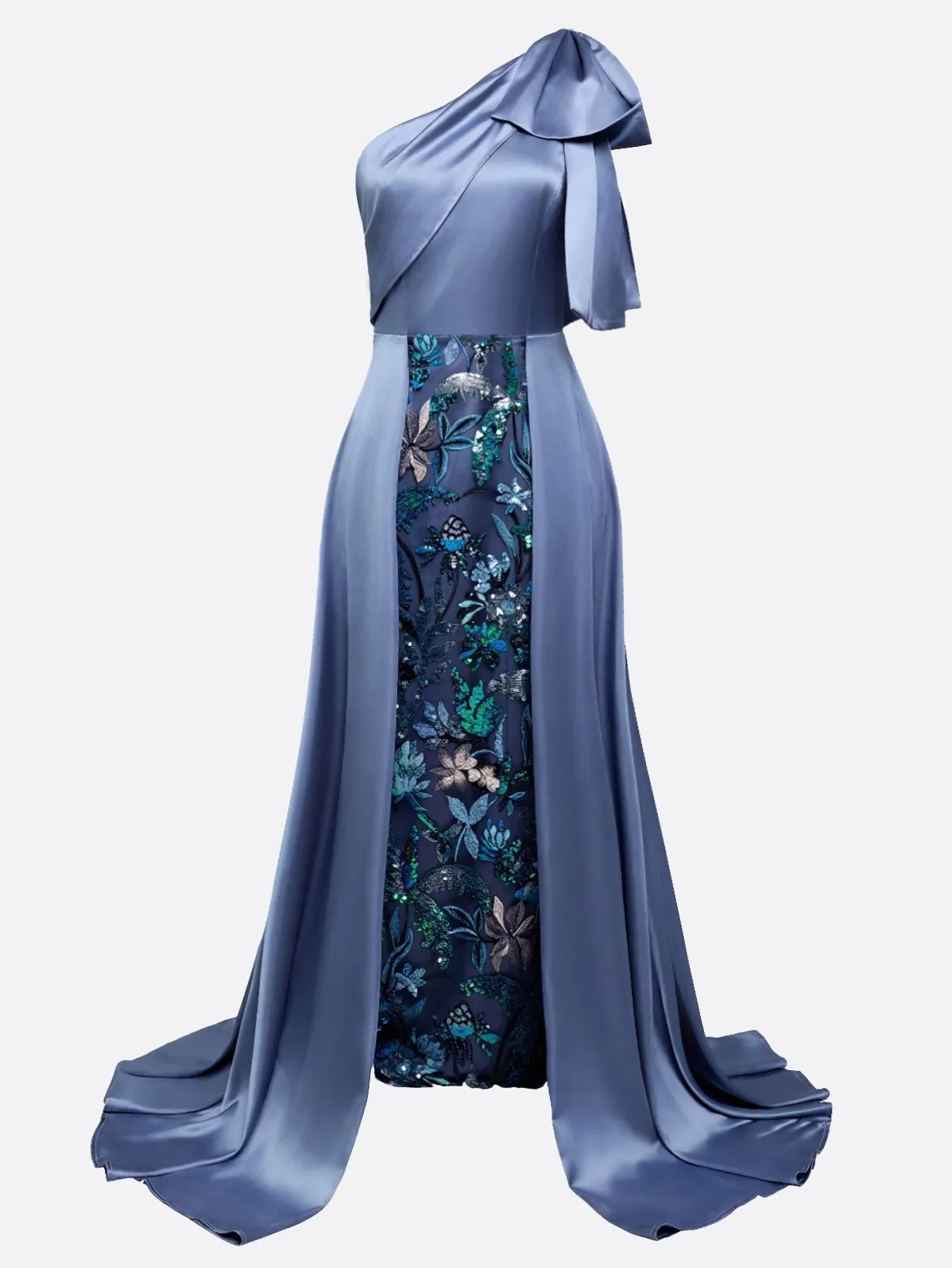Blue Bow Satin Sequin One Shoulder Sleeveless A-Line Gown Dress