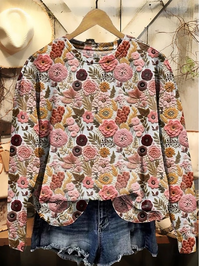 Women's Pullover Sweatshirt Print Floral Graphic Warm Active Vintage Long Sleeve Crew Neck Regular Tops Casual Street Dailywear Blue Black Red Purple Orange Spring Fall Winter - Orange