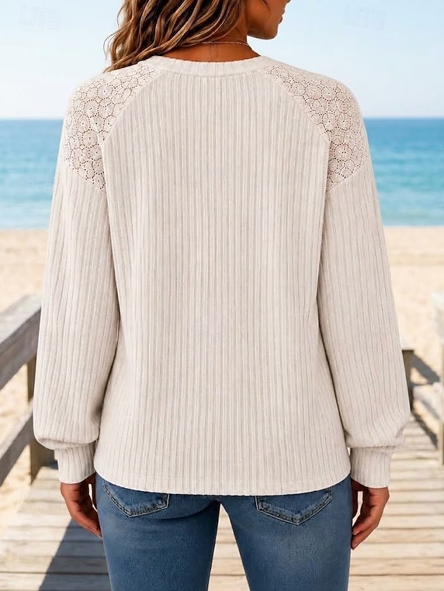 Women's T Shirt Texture Lace Patchwork Plain Stylish Casual Long Sleeve V Neck Regular Tops Casual Daily Blue White Black Pink Green Summer Spring Fall - White