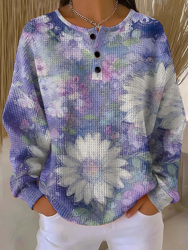 Women's Pullover Sweatshirt Buttons Print Floral Graphic Vintage Casual Long Sleeve Crew Neck Regular Tops Casual Street Dailywear Blue Yellow Pink Purple Spring Fall Winter - Purple