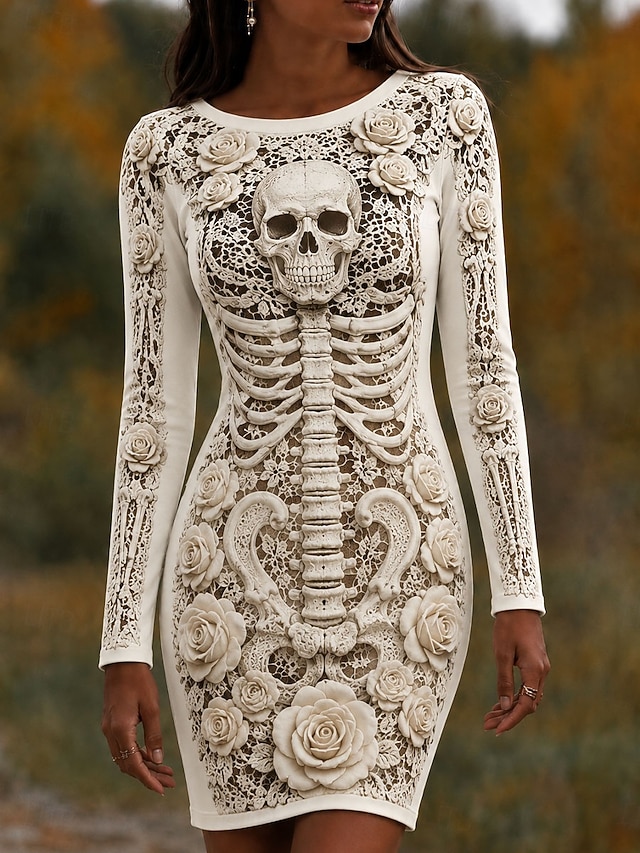 Halloween Women's Mini Dress T Shirt Dress Tee Dress Bodycon Dress Vacation Casual Party Slim Long Sleeve Crew Neck Round Neck White Black Wine Red Spring Fall Winter - Black