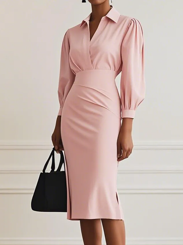 Women Light Blue Ruched Shirt Collar Long Sleeve Dressy Top With Skirt Two-Piece Set