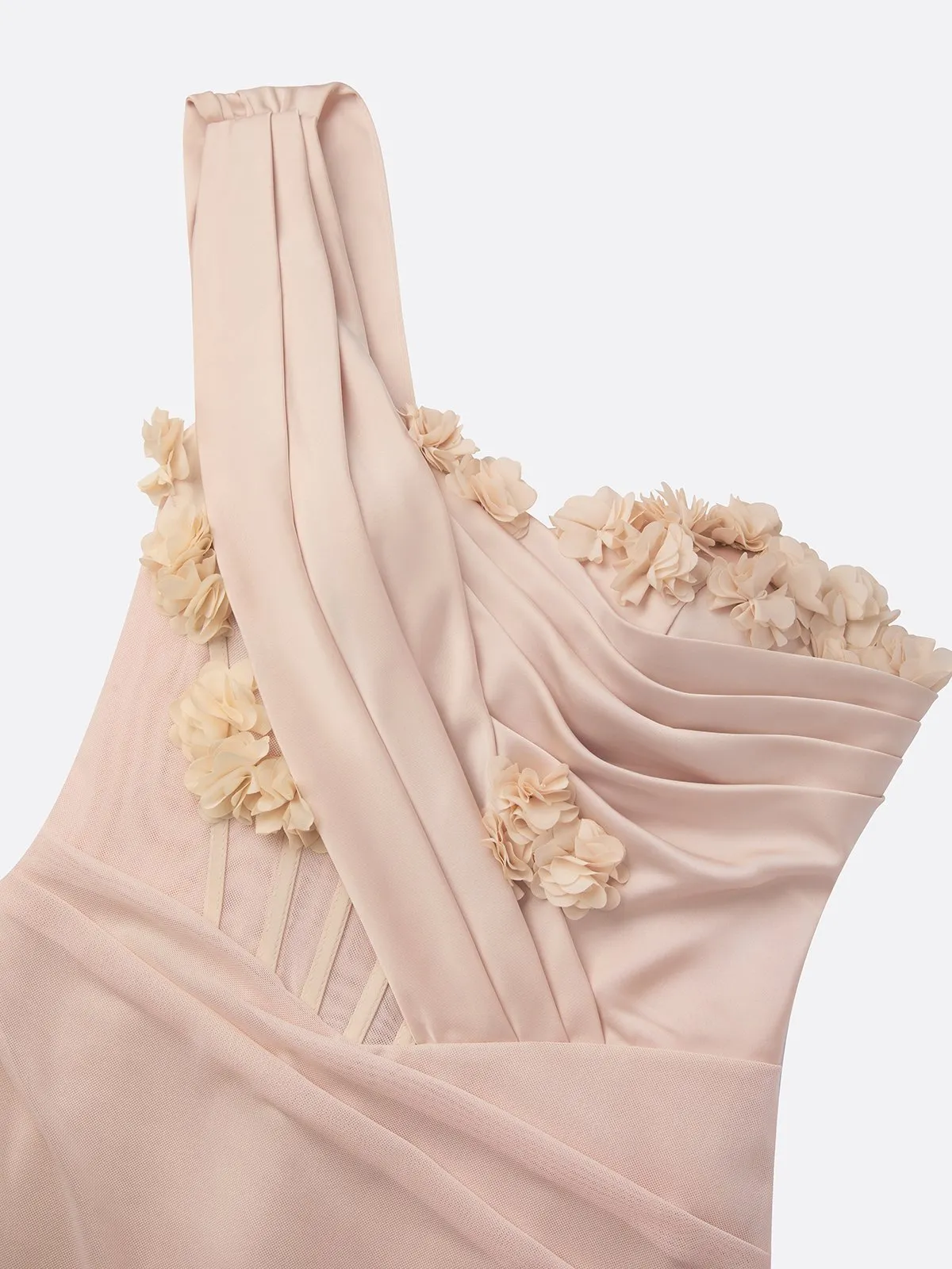 Pink 3D Floral Classic One Shoulder Sleeveless Corset Sheath Floor-length Gown Dress