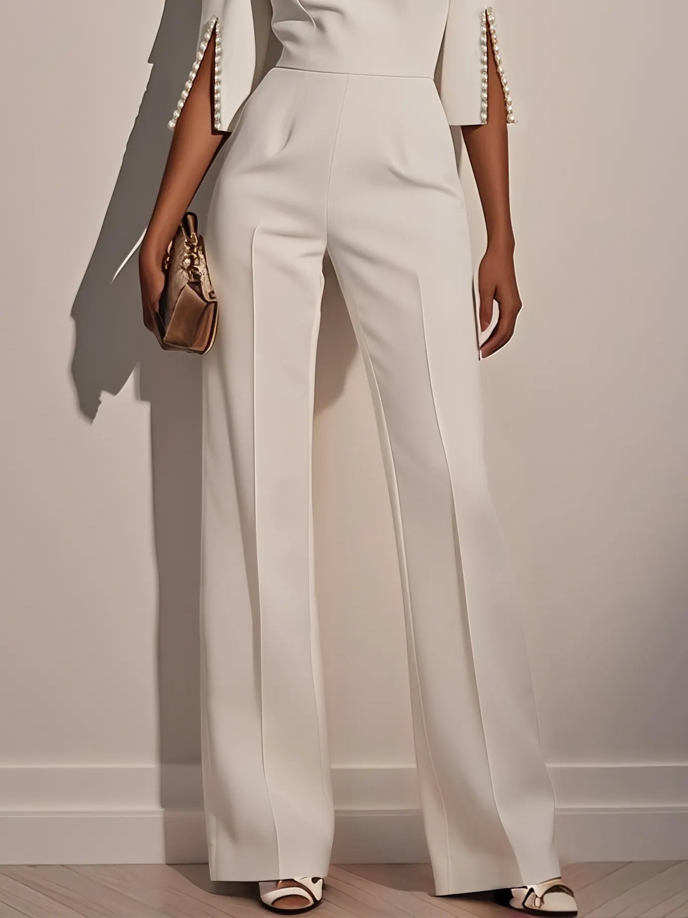 Women White Faux Pearl Slit Boat Neck Half Sleeve Dressy Jumpsuit