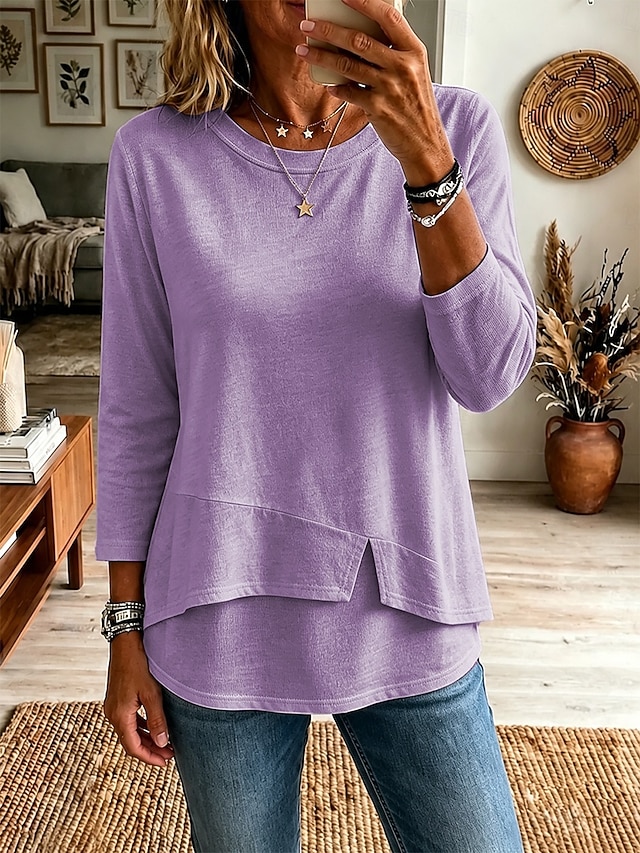 Women's 100% Cotton T Shirt Solid Color Stylish Casual 3/4 Length Sleeve Round Neck Regular Tops Casual Daily Blue White Black Pink Wine Summer Spring Fall - Purple