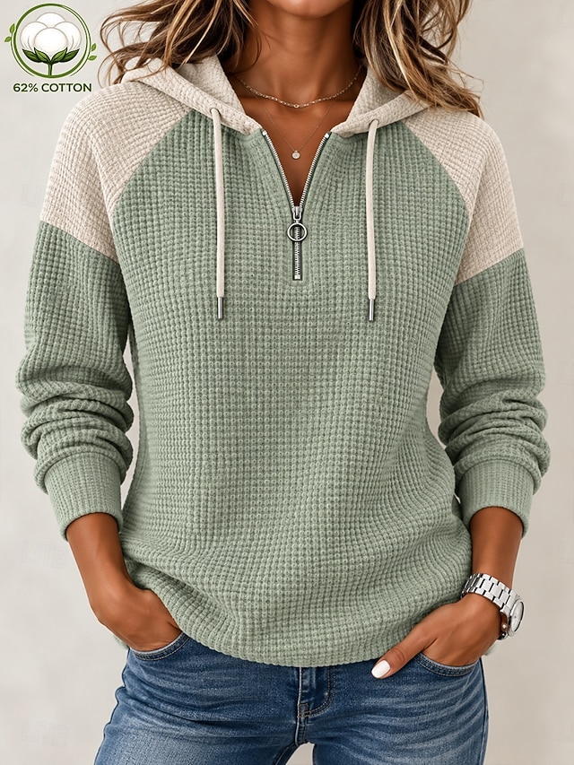 Women's Waffle Sweatshirts Textured Pullover Hoodie Sweatshirt Zip Up Sweatshirts Drawstring Zip Up Patchwork Plain Casual Long Sleeve V Neck Regular Tops Casual Blue Yellow Orange Green Spring Fall - Green