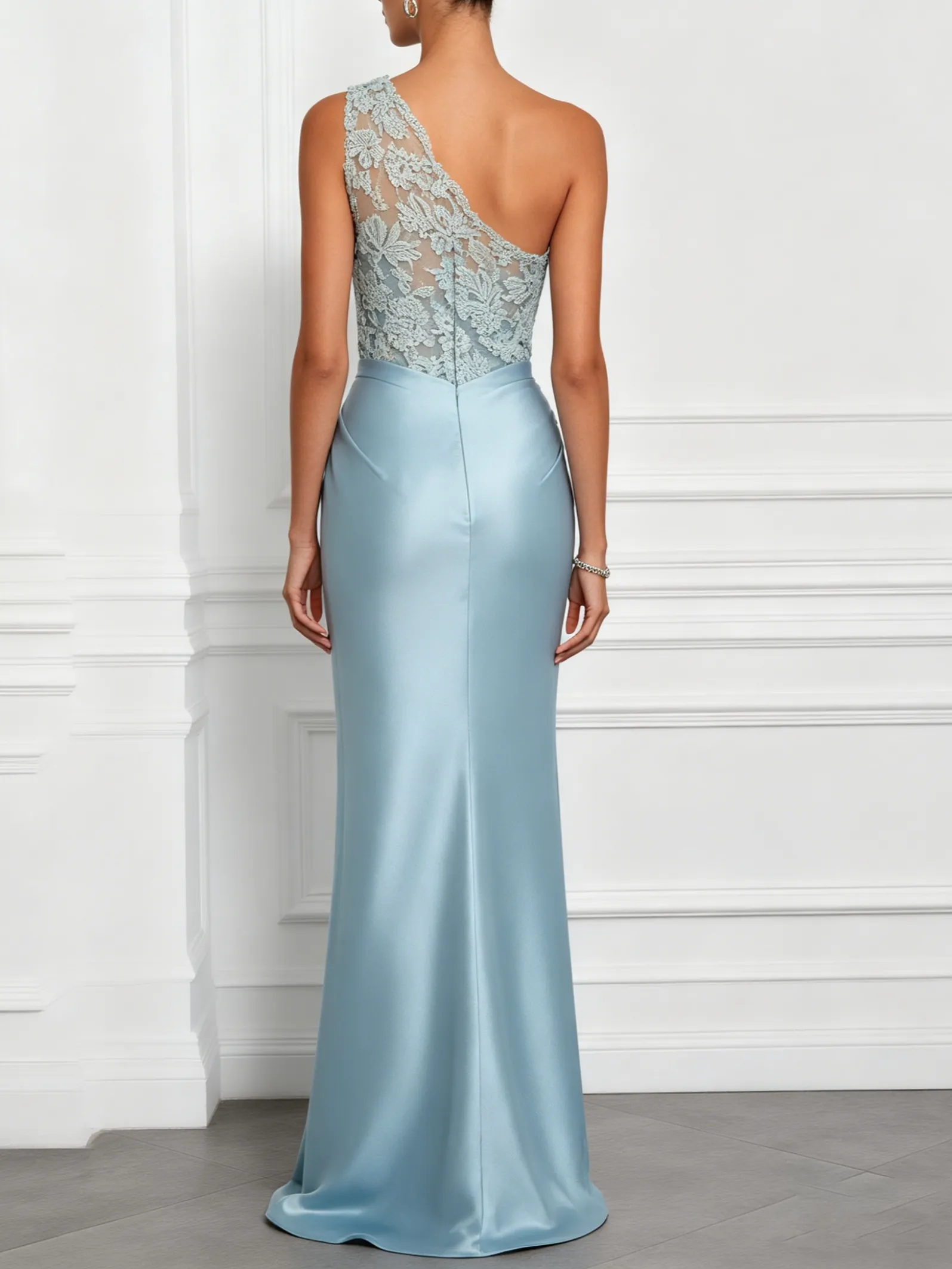 Light Blue Lace Embroidery Ruched Satin One Shoulder Sleeveless Mermaid Floor-length Gown Dress