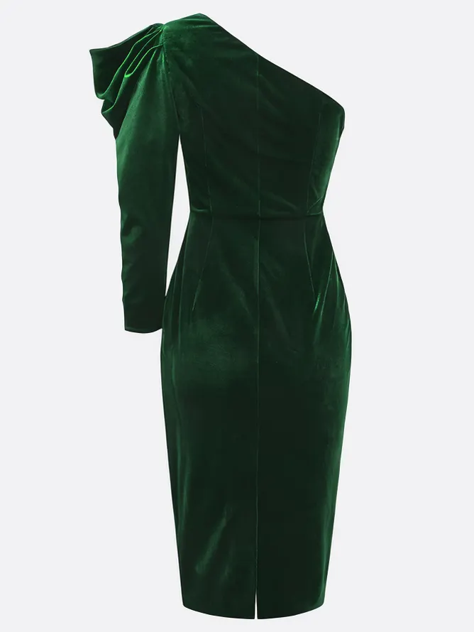 Green One Shoulder Three Quarter Sleeve Sheath Midi Velvet Dress