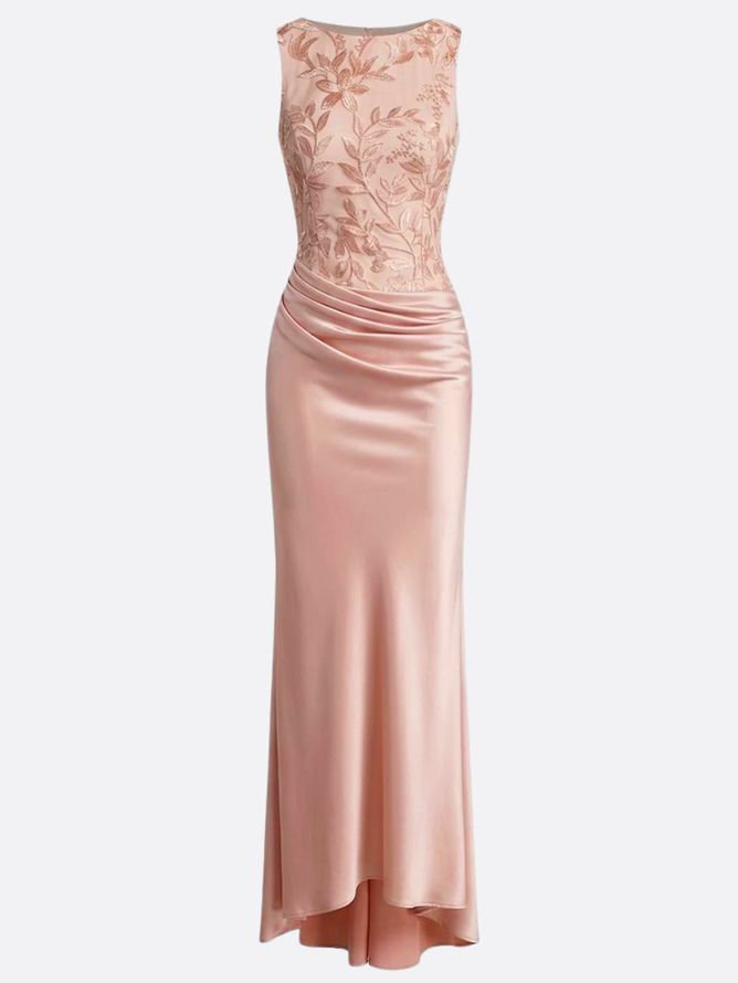 Light Pink Embroidery Satin Crew Neck Sleeveless Sheath Gown Dress