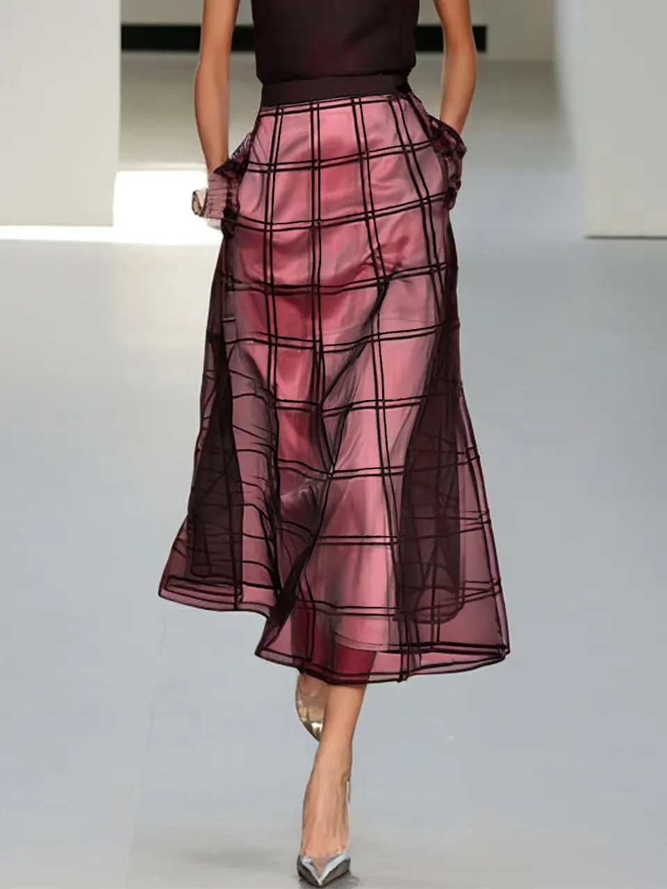 Wine Red Organza Plaid Classic Mock Neck Sleeveless A-Line Midi Dress