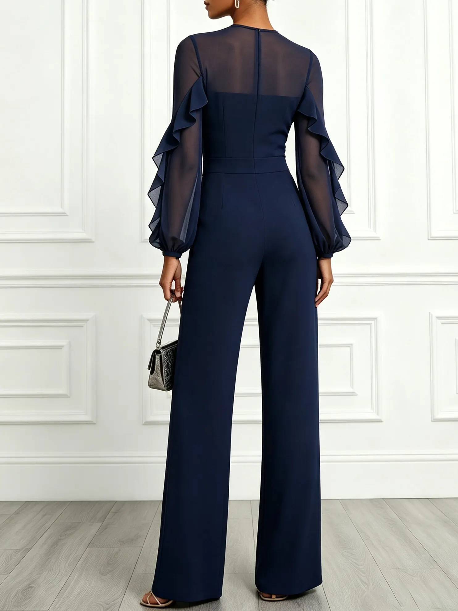 Women Navy Blue Ruffled Crew Neck Long Sleeve Balloon Sleeve Elegant Jumpsuit - Navy Blue