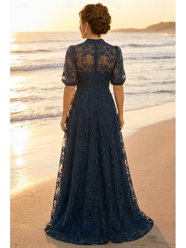 A-Line Dress Floor Length Lace Dress Mother of the Bride Dress Short Sleeve V Neck High Neck Elegant Vintage Luxurious Formal Wedding Guest Semi Formal Lace with Embroidery Appliques - Dark Navy