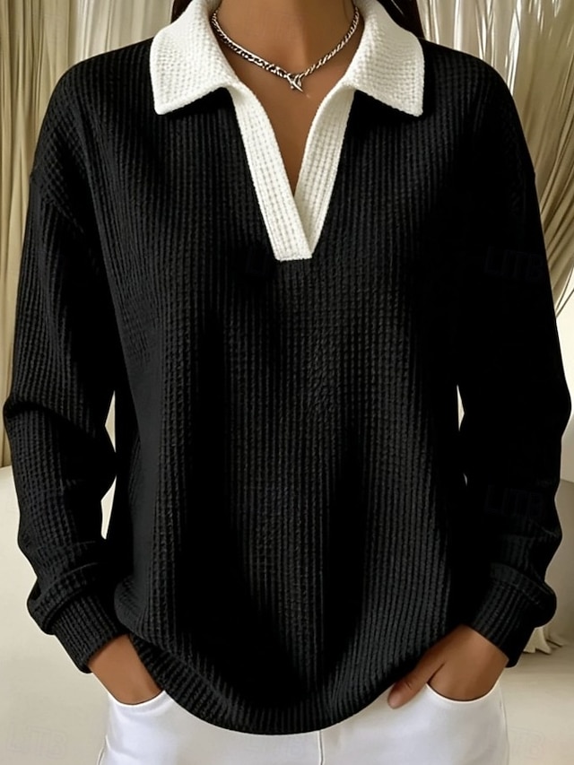 Women's Waffle Shirt Waffle Polo Shirts Texture Vintage Fashion Daily Long Sleeve Collar V Neck Long Tops Casual Blue Black Red Spring Fall - Black