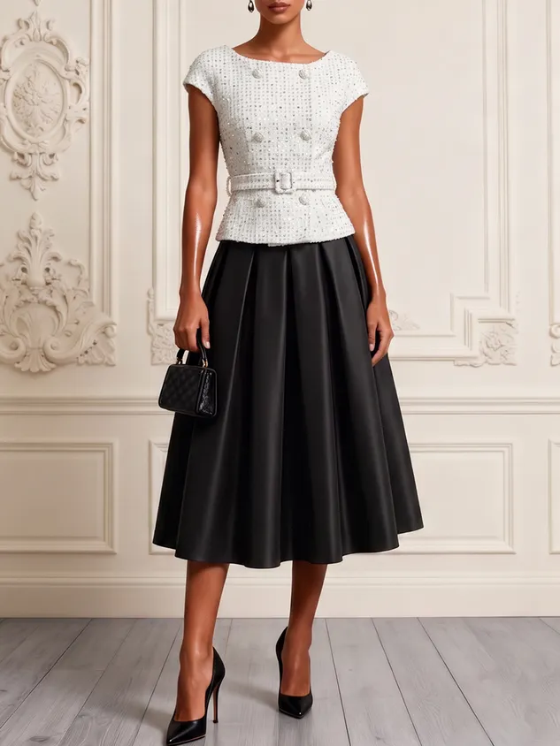Women Black-white Glitter Tweed Crew Neck Long Sleeve Elegant Coat With Skirt Two-Piece Set
