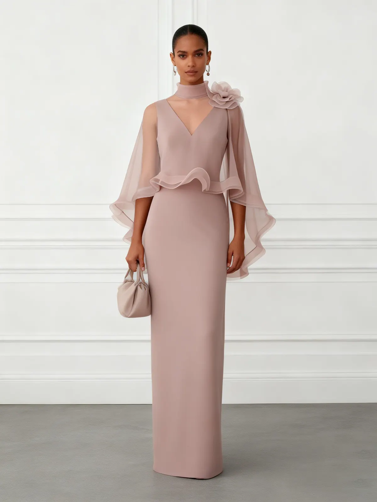 Nude Pink 3D Floral Mesh Classic Mock Neck Half Sleeve Sheath Floor-length Gown Dress