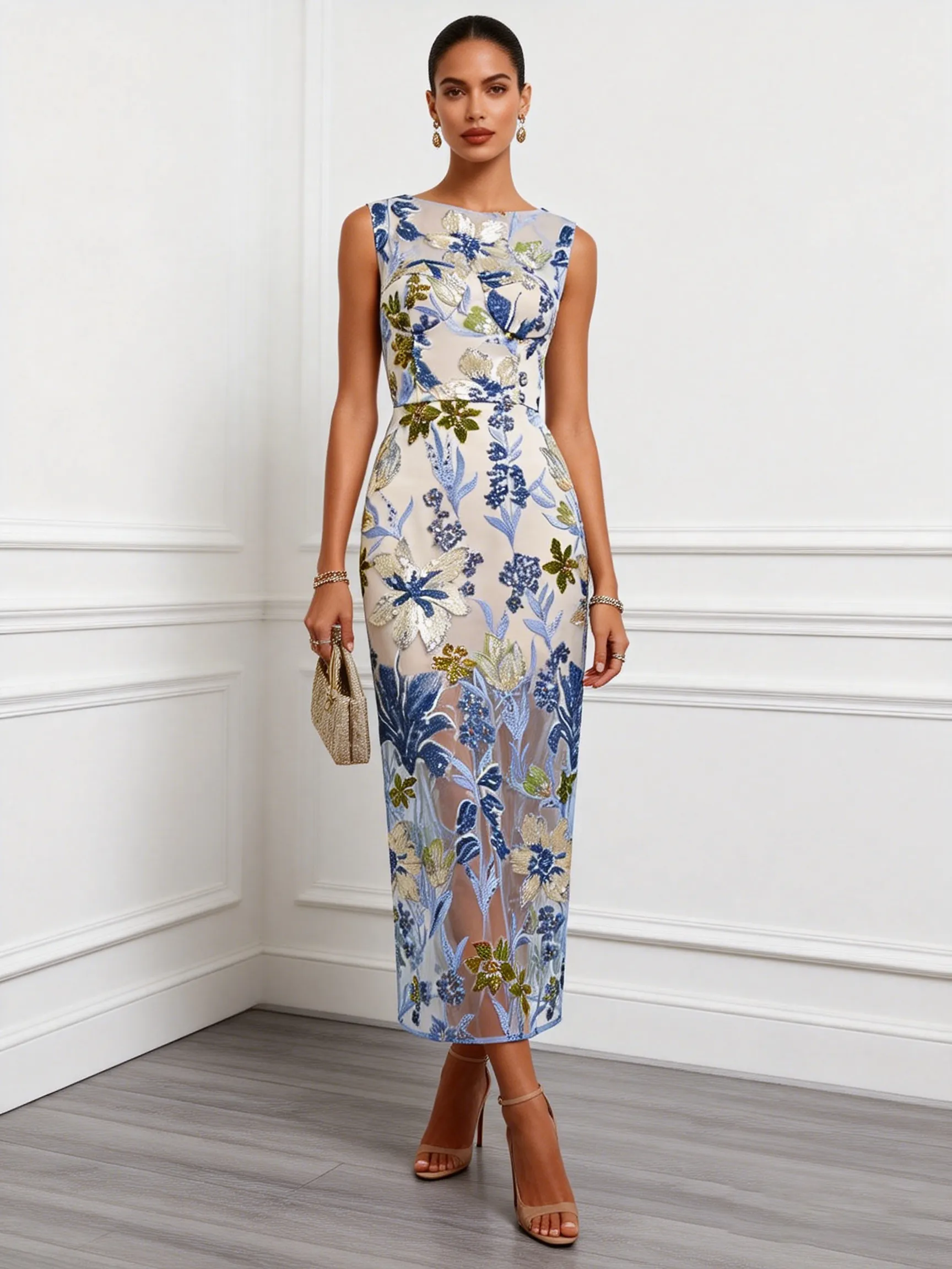 Blue Sequin Embroidery Classic Boat Neck Sleeveless Mermaid Floor-length Gown Dress
