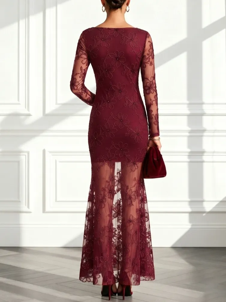 Wine Red Jacquard Lace Boat Neck Long Sleeve Mermaid Maxi Dress - Wine Red