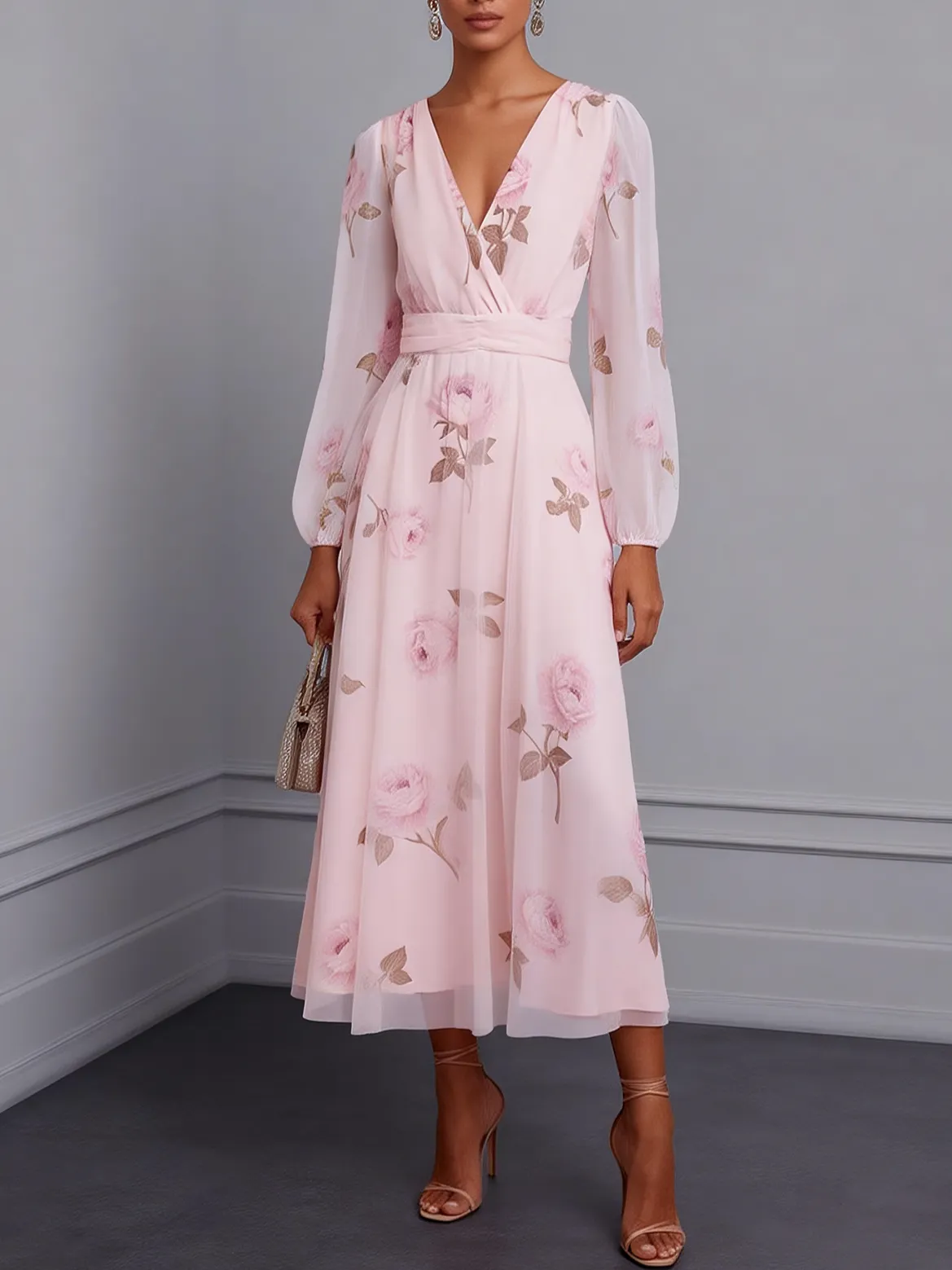 Pink Floral Tulle V Neck Long Sleeve Balloon Sleeve A-Line Midi Dress - Pink