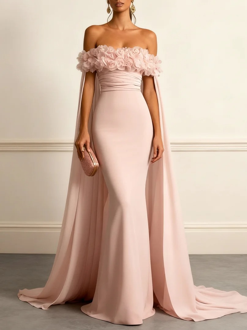 Pink 3D Floral Ruched Classic Off The Shoulder Short Sleeve Mermaid Gown Dress - Pink