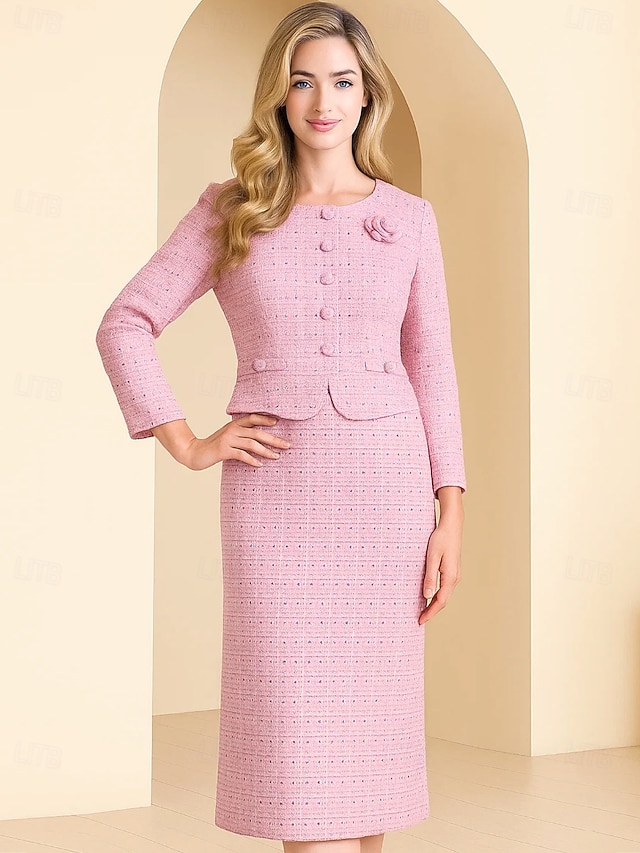 Sheath Column Ankle Length Party Dress Cocktail Dress Wedding Guest Dress Mother of the Bride Dress Long Sleeve Crew Neck Elegant Vintage Party with Buttons - Pink