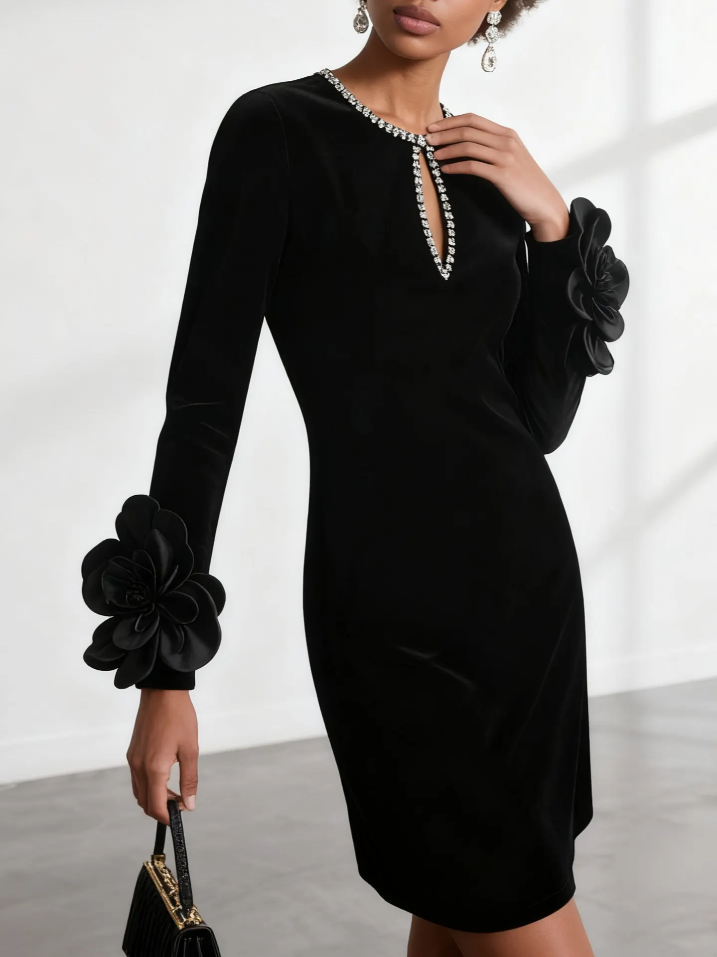 Black 3D Floral Rhinestone Velvet Crew Neck Long Sleeve Sheath Mini Dress