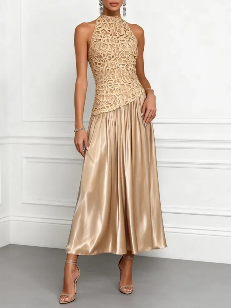 Champagne Lace Satin Halter Crew Neck Sleeveless A-Line Maxi Dress - Champagne