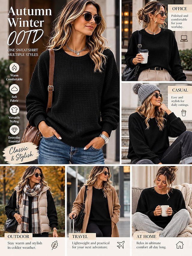 Women's Sweatshirts Casual Long Sleeve Round Neck Regular Tops Dailywear Holiday White Orange color Black Pink Purple Fall Winter - Black