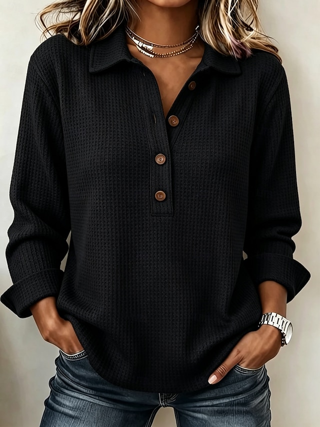 Women's Casual Vintage Waffle Shirt Texture Patchwork Buttons Solid Color Plain Long Sleeve Henry Collar Long Tops White claret sunflower color Black Olive Green Fall Spring, Fall, Winter, Summer - Black
