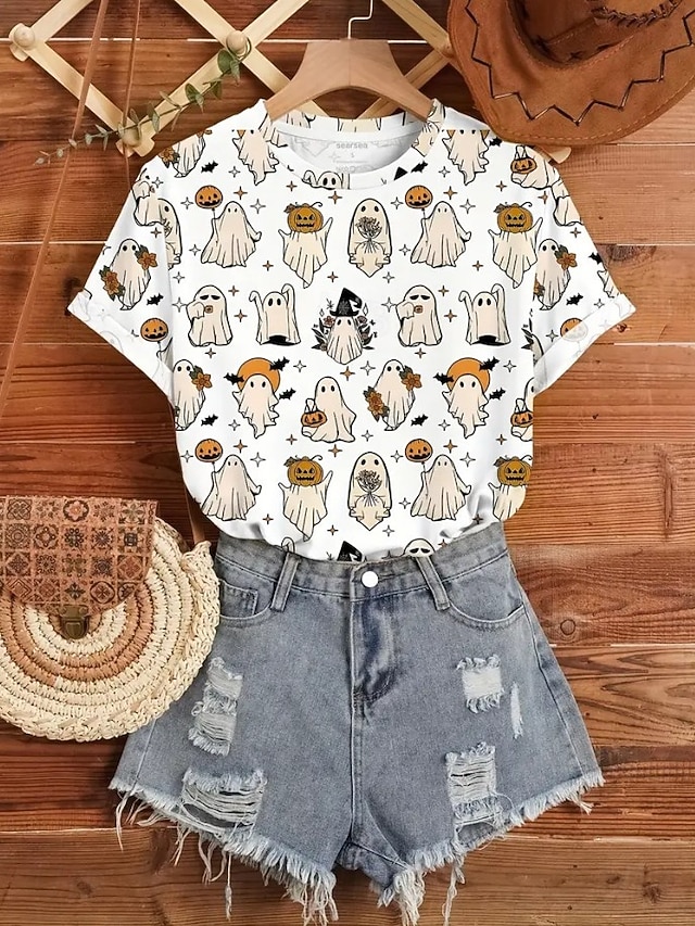 Halloween Women's Happy Halloween Pumpkin Bat Print T Shirt Jack O Lantern Spider Moon Graphic Short Sleeve Crew Neck Casual Top Orange Black - White