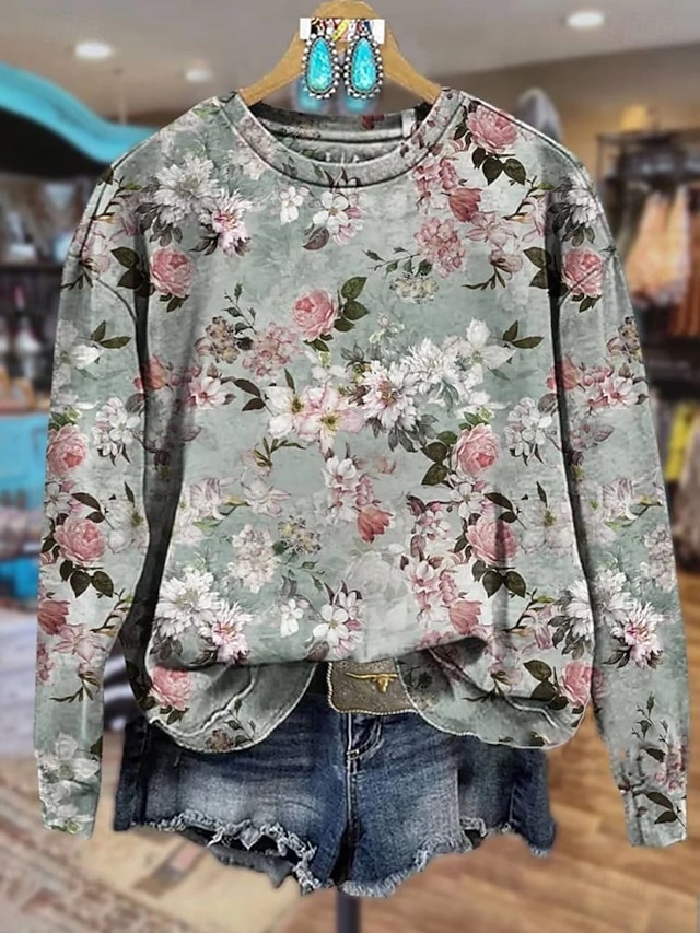 Women's Pullover Sweatshirt Print Floral Graphic Casual Long Sleeve Crew Neck Regular Tops Casual Street Dailywear Blue Black Pink Orange Gray Spring Fall Winter - Blue