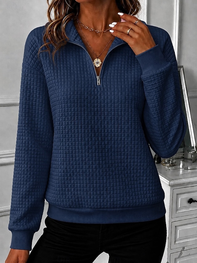Women's Waffle Hoodies Textured Zip Up Sweatshirts Half Zip Casual Long Sleeve Half Zip Regular Tops Casual Black Yellow Pink Dark Blue Light Blue Summer Spring Fall - Dark Blue