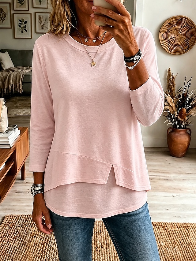 Women's 100% Cotton T Shirt Solid Color Stylish Casual 3/4 Length Sleeve Round Neck Regular Tops Casual Daily Blue White Black Pink Wine Summer Spring Fall - Pink