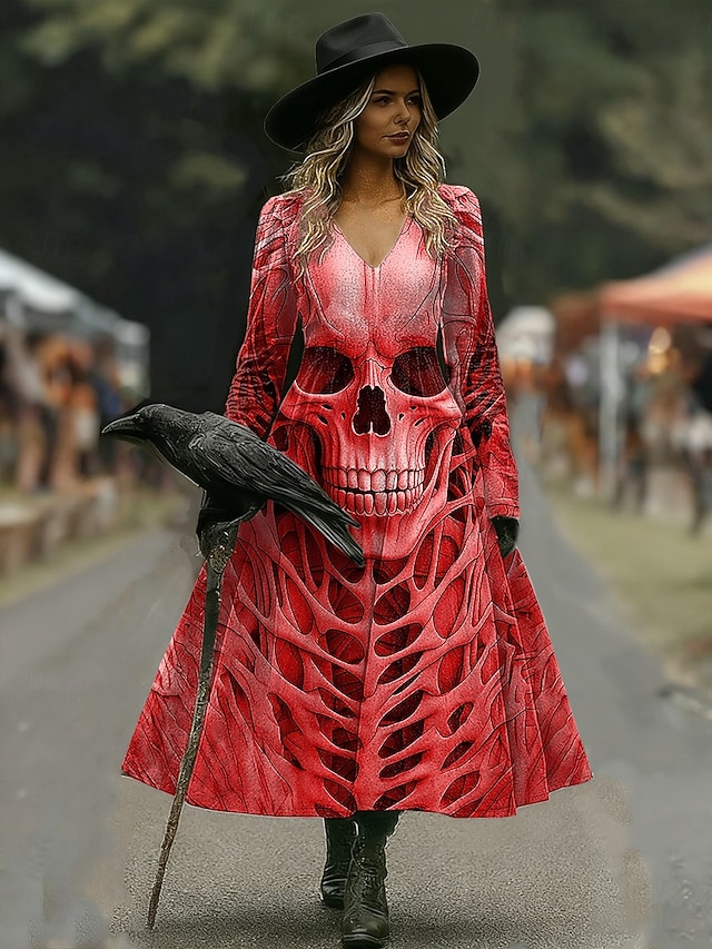 Halloween Women's Giant Skull Skeleton Print Midi Dress X Ray Rib Cage Graphic A Line V Neck Long Sleeve Gothic Costume Party Dress Gray - Red